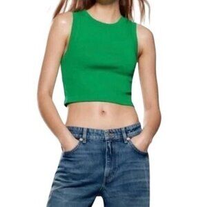 Zara Womens Sleeveless Green Ribbed Cropped Tank Top Small